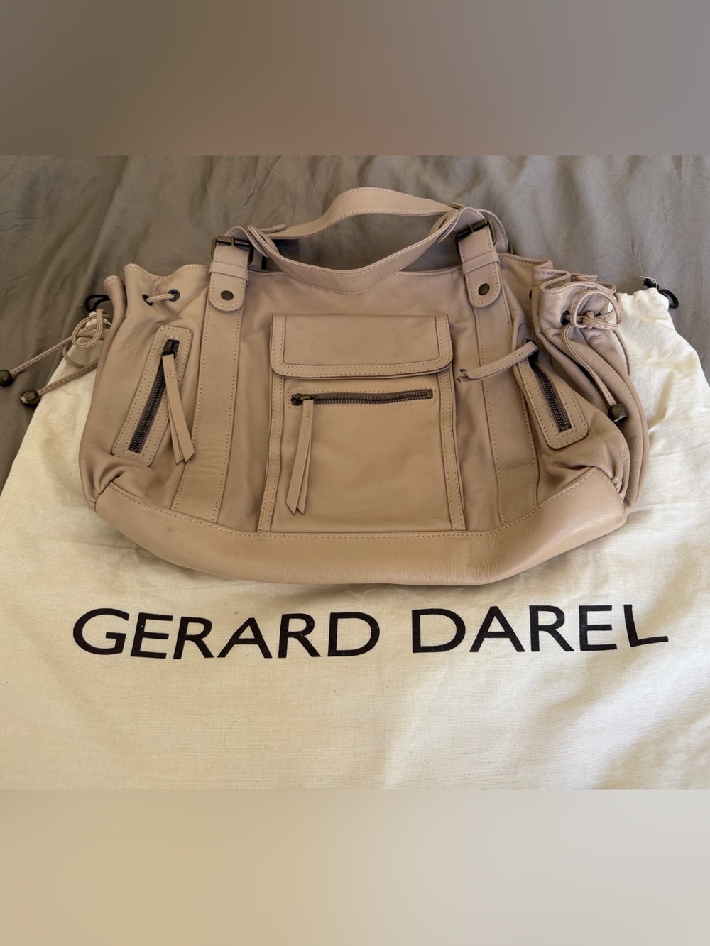 Gerard Darel Taupe Leather Tote with Front Pocket